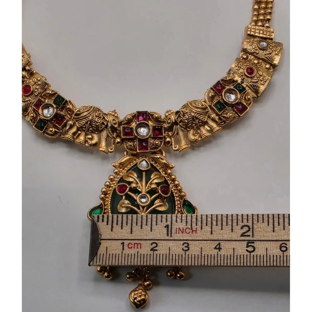 Indian Kundan Style Elephant Necklace Earrings Set Gold Tone Green Red Bridal